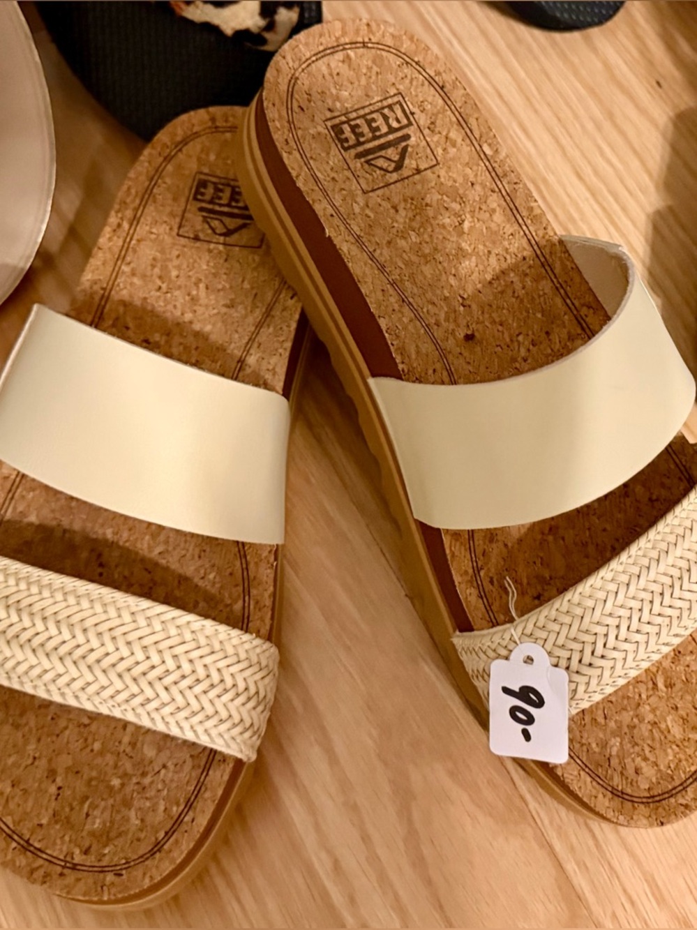 Reef Women’s Cream and Tan Cork Dual-Strap Slide Sandals